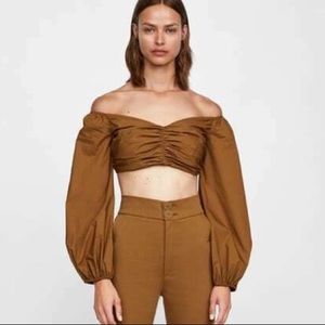 Zara Brown draped off shoulder crop top NWT size small